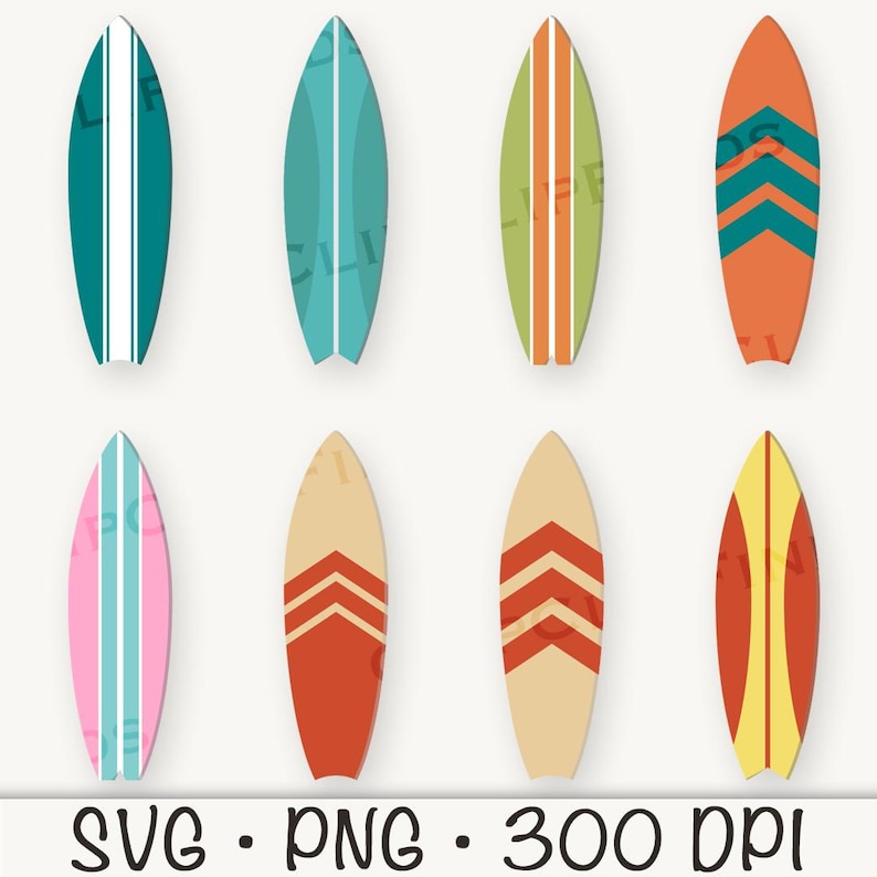 May include: Set of eight colorful surfboard illustrations with various patterns, including stripes, zigzags, and chevron designs. The surfboards are all in a classic shape and are perfect for adding a beachy vibe to your projects.
