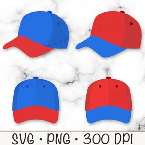 May include: Four baseball caps, two red and two blue, with a contrasting colour brim. The caps are arranged in a square pattern.