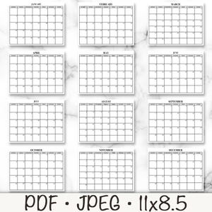 May include: A printable calendar featuring twelve months, each displayed in a separate rectangular frame. The calendar is in black and white, with a simple grid layout. The text "PDF • JPEG • 11x8.5" is at the bottom.