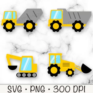 Könnte beinhalten: Vier Cartoon-Baumaschinen: ein Muldenkipper, ein Zementmischer, ein Bagger und ein Bulldozer. Jedes Fahrzeug ist gelb mit schwarzen Rädern und Akzenten. Der Muldenkipper und der Zementmischer haben graue Mulden.