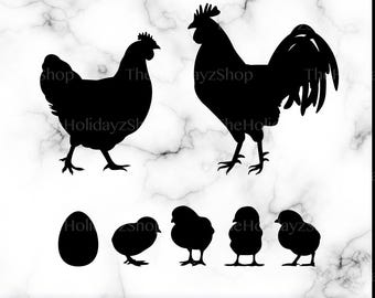Pollo, Gallo, Pulcini, Uovo, SVG, PNG, Vettoriale, Sagome, Animali da fattoria, Famiglia di galline, Pollaio, File digitale scaricabile