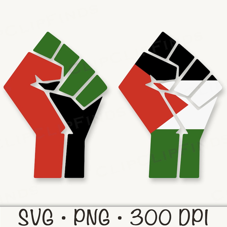 May include: Two raised fists, one with the colors of the Pan-African flag (red, black, and green) and the other with the colors of the Palestinian flag (red, white, green, and black).