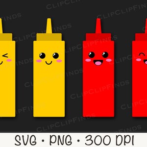 Kawaii Ketchup and Mustard, Cute Face Ketchup and Mustard, SVG, PNG