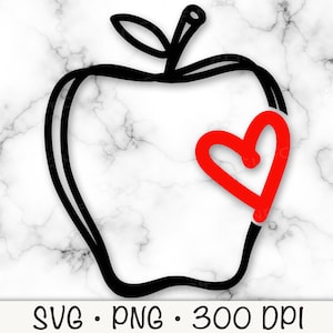 Maçã com contorno de coração Doodle SVG arquivo de corte vetorial, fundo transparente PNG, sublimação de professor, escola, clip art, download instantâneo