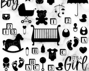 May include: Black silhouette baby-themed clip art. Includes a baby carriage, crib, teddy bear, blocks, rocking horse, baby clothes, pacifier, bib, footprints, and the text "It's a Boy" and "It's a Girl".