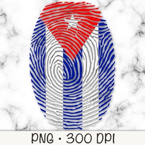 以下が含まれることがあります： キューバの国旗の色を使った指紋のデザイン。旗は赤、白、青で、赤い三角形の中に白い星が1つあります。