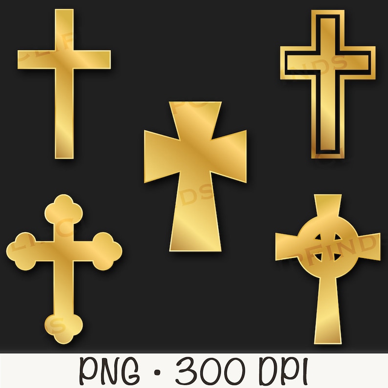 May include: Five gold-colored crosses of different styles. The crosses are on a black background.