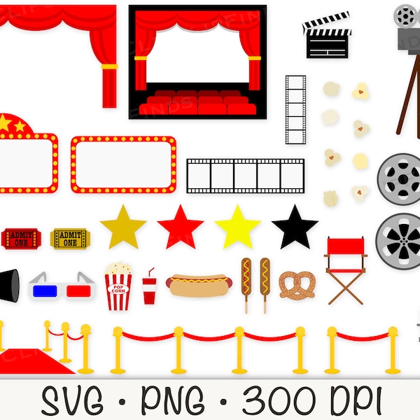 Movie Clipart, Movie Theater SVG, Cinemas Graphics PNG, Movie Night, Instant Digital Download