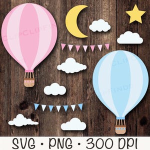 Clipart heteluchtballon, heteluchtballon SVG, heteluchtballon png, gors, slinger, wolk, maan, ster, babyshower, geslacht onthullen, blauw, roze