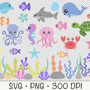 Cute Sea Animals SVG, Ocean Sea Animals PNG Clipart, Starfish, Whale, Octopus, Shark, Fish, Clam, Turtle, Seaweed, Sea Algae, Seahorse image 7