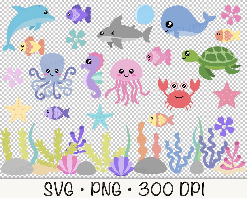 Cute Sea Animals SVG, Ocean Sea Animals PNG Clipart, Starfish, Whale, Octopus, Shark, Fish, Clam, Turtle, Seaweed, Sea Algae, Seahorse image 7