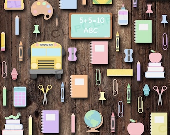 Pastell Schule Clipart, Schulmaterial SVG, niedliche Schule Grafiken PNG, letzter Schultag, Schulanfang, Lehrer, Schüler, digitaler Download