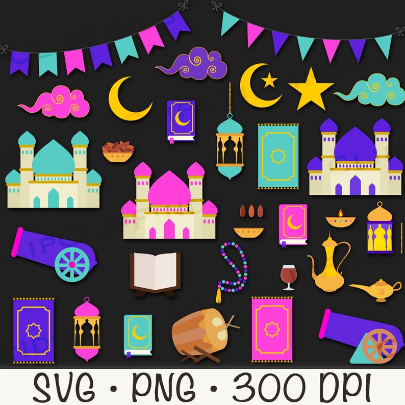 May include: A set of colourful Islamic-themed illustrations, including mosques, crescent moons, stars, lanterns, prayer rugs, and a cannon. The illustrations are perfect for creating digital or printed designs for Ramadan, Eid al-Fitr, or other Islamic celebrations.