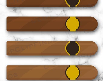 May include: Four brown and yellow cigar-shaped digital clipart images. Each image has a brown cigar shape with a yellow circle at the end. The yellow circles have a black outline.