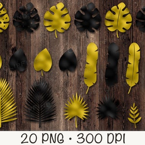 Tropische bladeren clipart, helder goud en zwart goud metallic tropische bladeren PNG clipart, goudfolie Botanicals, instant digitale download