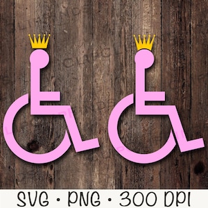 May include: Two pink wheelchair silhouettes with gold crowns on top. The wheelchairs are facing the right side of the image.