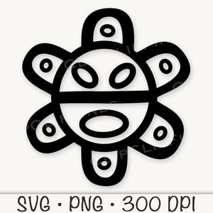 May include: Black and white line drawing of a stylized sun with a face. The sun has a large circle in the center with a mouth, eyes, and a horizontal line across the center. The sun has eight rays, each with a small circle at the end.
