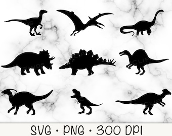 May include: A set of ten black silhouette dinosaur illustrations. The dinosaurs include a stegosaurus, a brachiosaurus, a triceratops, a velociraptor, a pterodactyl, and a tyrannosaurus rex.