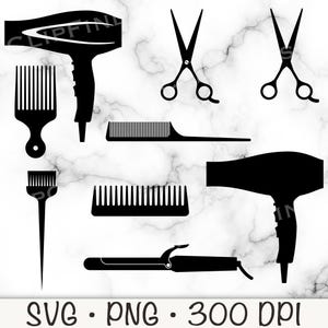 May include: Black silhouette illustrations of various hair styling tools, including a hair dryer, combs, scissors, and a curling iron. The image also includes the text "SVG • PNG • 300 DPI". The tools are arranged on a white and gray marble background.