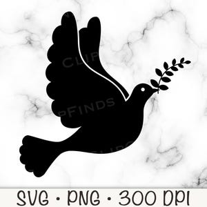 Colomba volante con ramoscello d'ulivo, colomba della pace, cresima, prima comunione, silhouette di colomba, colomba SVG, PNG, RIP, download digitale istantaneo