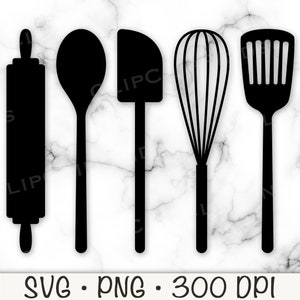 Utensílios de cozinha SVG, Utensílios de cozimento PNG, Rolo de massa, Silhueta de utensílios de cozinha, Colher, Espátula, Batedor, Download digital