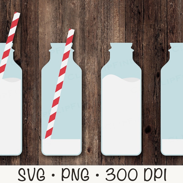 Milk Bottle SVG, Milk Clipart, Milk Bottle PNG, Glass Milk Bottle with Straw, Empty Milk Bottle, Instant Digital Download