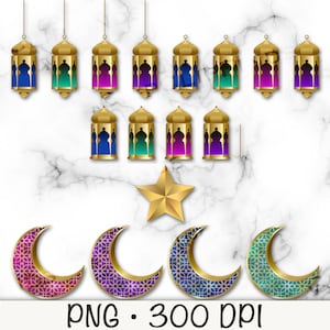 Lanternes suspendues du Ramadan, croissant de lune, étoile, lanternes islamiques EID, lanternes marocaines, lanternes arabes PNG, lanterne en or, téléchargement numérique
