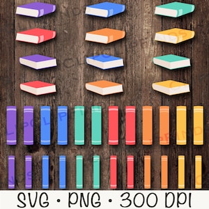 May include: A set of 10 book illustrations in various colors, including purple, blue, teal, orange, and red. The books are stacked in different positions, with some lying flat and others standing upright. The illustrations are perfect for use in digital projects, scrapbooking, or other creative endeavors.
