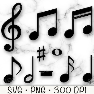 May include: Black musical notes and symbols, including a treble clef, eighth notes, and a sharp symbol, are arranged on a white marble background. The image also includes the text "SVG • PNG • 300 DPI".