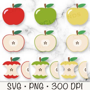 Op de afbeelding: Set van negen appel SVG- en PNG-bestanden. De set bevat hele appels in rood, groen en geel, halve appels en gebeten appels. De bestanden zijn 300 DPI.