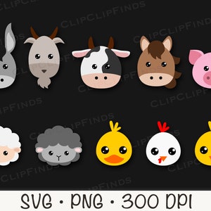 May include: A set of 10 cartoon animal head illustrations, including a donkey, goat, cow, horse, pig, sheep, lamb, chick, duck, and chicken. The illustrations are in a simple, flat style with bright colors.