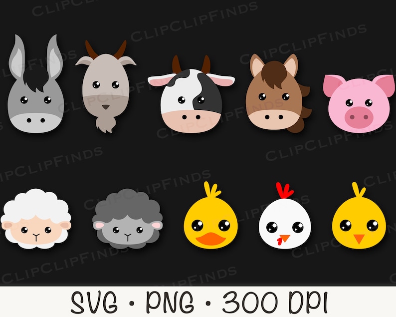 May include: A set of 10 cartoon animal head illustrations, including a donkey, goat, cow, horse, pig, sheep, lamb, chick, duck, and chicken. The illustrations are in a simple, flat style with bright colors.