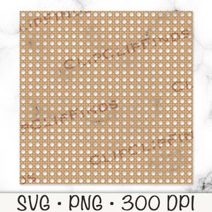 May include: A square, tan-colored digital graphic featuring a woven rattan pattern. The design has a repeating grid of small circles and is overlaid with the text "CHIC LIFEFINDS" in a repeating pattern. The bottom of the image includes the text "SVG • PNG • 300 DPI".