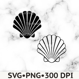 May include: Two seashell illustrations in black. One shell is a solid black silhouette, and the other is a black outline version. Both feature a classic fan-shaped design with vertical ridges radiating from the base. The text SVG PNG 300 DPI appears.