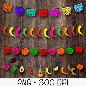 Guirnalda de Fiesta Mexicana, Empavesado, Papel Picado, Sombrero, Pimientos, Aguacate, Cactus, PNG, Imágenes Prediseñadas, Borde de página, Marco, Paquete, Archivo Digital