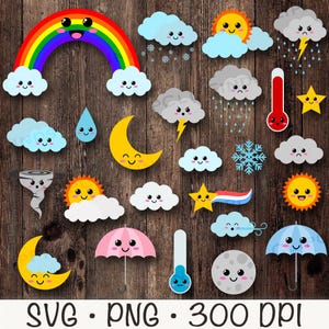 Kawaii Wetter Clipart, Wetter PNG, Wetter SVG, Vorschau, Regen, Wind, Donner, Sonnenschein, Mond, Regenschirm, Temperatur, digitaler Download