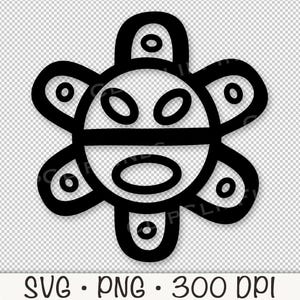 May include: Black and white line art illustration of a stylized sun with a face. The sun has a circle in the center with a mouth and two eyes. The sun has eight rays that extend from the center circle.