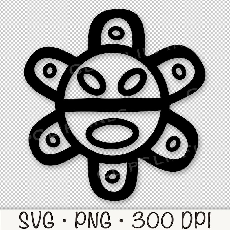 May include: Black and white line art illustration of a stylized sun with a face. The sun has a circle in the center with a mouth and two eyes. The sun has eight rays that extend from the center circle.