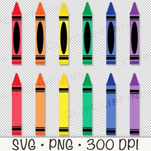 May include: Set of 12 crayon illustrations in various colors, including red, orange, yellow, green, blue, and purple. Each crayon is depicted as a long, thin rectangle with a black outline and a black oval in the center.