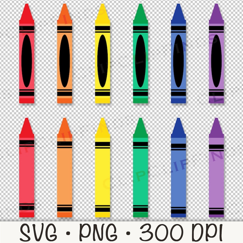 May include: Set of 12 crayon illustrations in various colors, including red, orange, yellow, green, blue, and purple. Each crayon is depicted as a long, thin rectangle with a black outline and a black oval in the center.