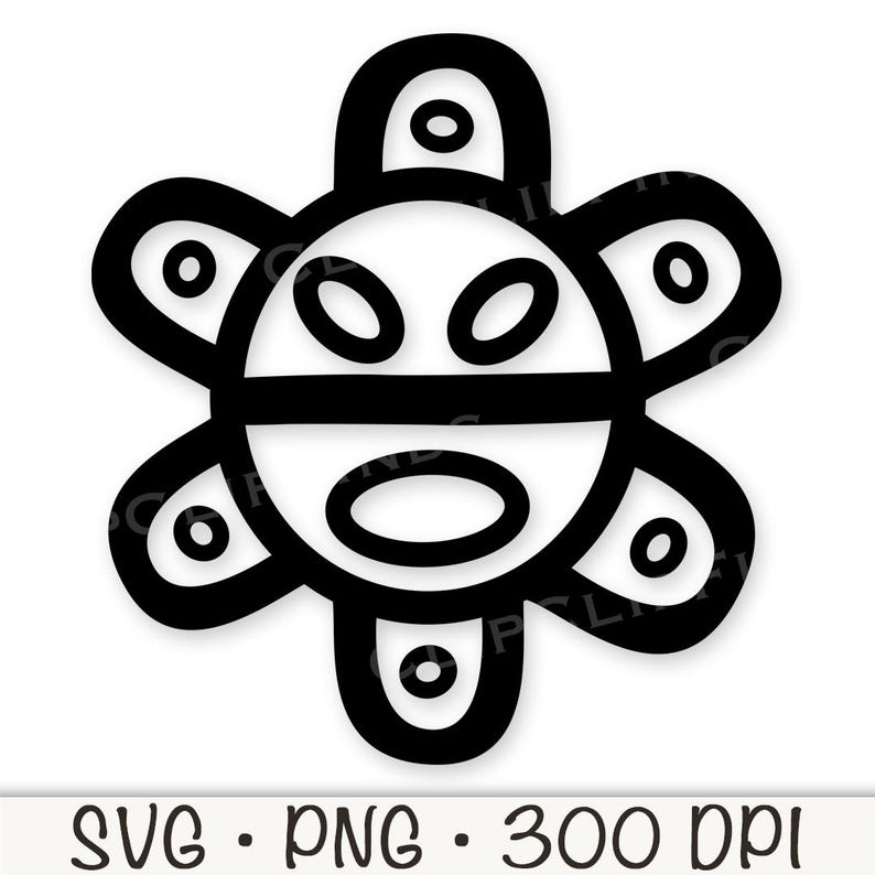 May include: Black and white line art illustration of the symbol of the sun, known as the "Yarey" or "Sol de Borinquen", a symbol of Puerto Rico.