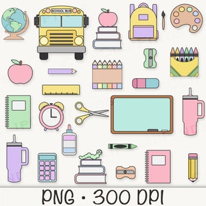 Puede incluir: Un conjunto de &uacute;tiles escolares coloridos, que incluyen un autob&uacute;s escolar amarillo, un globo terr&aacute;queo, una fiambrera rosa, un despertador rosa, un cuaderno verde, un l&aacute;piz rosa, una regla, unas tijeras, una pizarra verde, una pila de libros, un cray&oacute;n verde, una goma de borrar rosa, una botella de agua morada, una calculadora rosa, un juego de l&aacute;pices de colores, una paleta de pintura, un pincel y un l&aacute;piz amarillo.