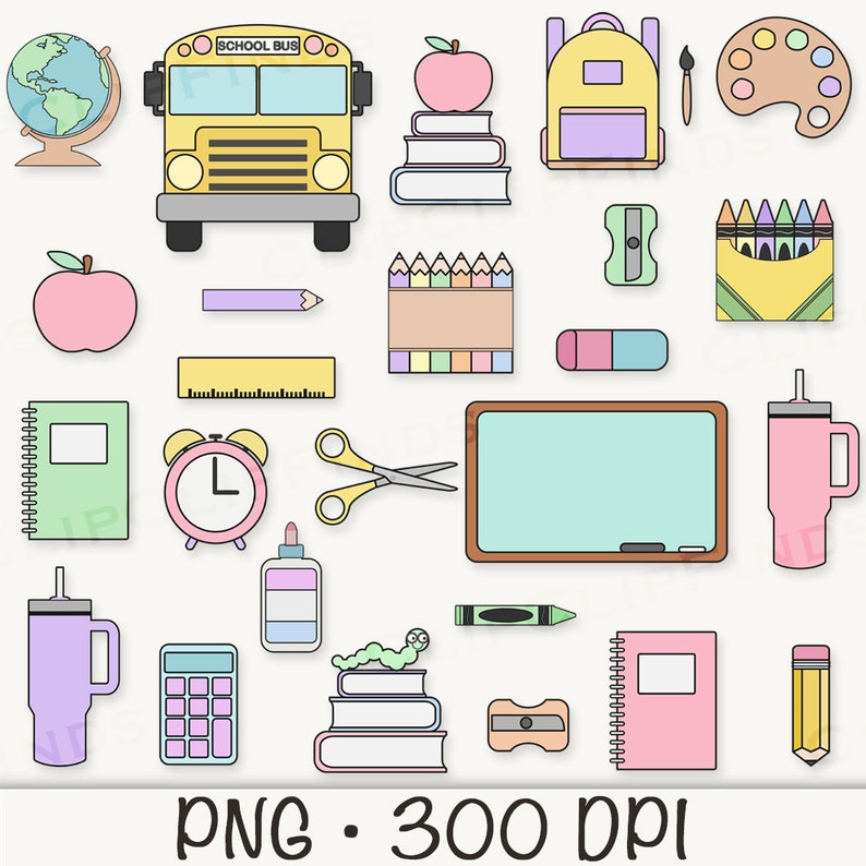Puede incluir: Un conjunto de &uacute;tiles escolares coloridos, que incluyen un autob&uacute;s escolar amarillo, un globo terr&aacute;queo, una fiambrera rosa, un despertador rosa, un cuaderno verde, un l&aacute;piz rosa, una regla, unas tijeras, una pizarra verde, una pila de libros, un cray&oacute;n verde, una goma de borrar rosa, una botella de agua morada, una calculadora rosa, un juego de l&aacute;pices de colores, una paleta de pintura, un pincel y un l&aacute;piz amarillo.