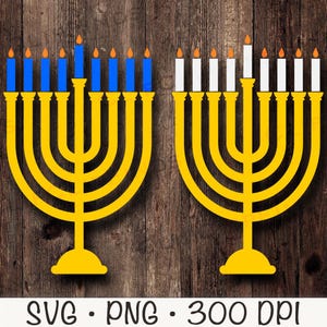 Menorah SVG, Menorah PNG, Clipart Menorah, Menorah or, bougies bleues, fête juive, téléchargement numérique