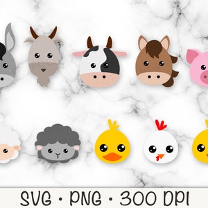 May include: Set of 10 farm animal head SVG cut files. Includes a donkey, goat, cow, horse, pig, sheep, lamb, chicken, chick, and duck.  The animals are all in a cartoon style with big eyes and simple features.  The files are perfect for creating crafts, decorations, and more.