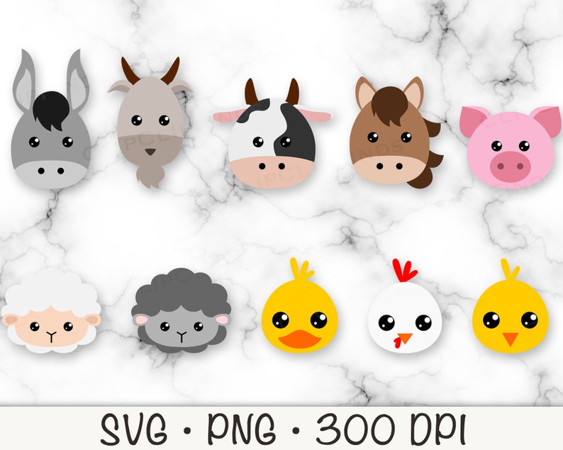 May include: Set of 10 farm animal head SVG cut files. Includes a donkey, goat, cow, horse, pig, sheep, lamb, chicken, chick, and duck.  The animals are all in a cartoon style with big eyes and simple features.  The files are perfect for creating crafts, decorations, and more.