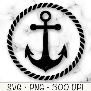 May include: Black anchor graphic inside a rope circle on a white marble background. The anchor is a classic nautical symbol. The image includes the text "SVG • PNG • 300 DPI" at the bottom, indicating file formats and resolution.