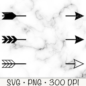 Op de afbeelding: Zwarte pijldessins op een witte en grijze marmeren achtergrond. De pijlen hebben verschillende stijlen, waaronder effen, chevron en open uiteinden. De afbeelding bevat ook de tekst "SVG • PNG • 300 DPI".