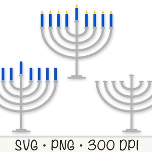 Clipart menorah, menorah SVG, PNG, menorah éclairée, menorah argent gris, bougies bleues, fête juive, téléchargement immédiat