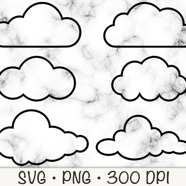 Cloud Outline SVG, Set of Clouds, Clouds Clipart, Fluffy Clouds PNG, Instant Digital Download